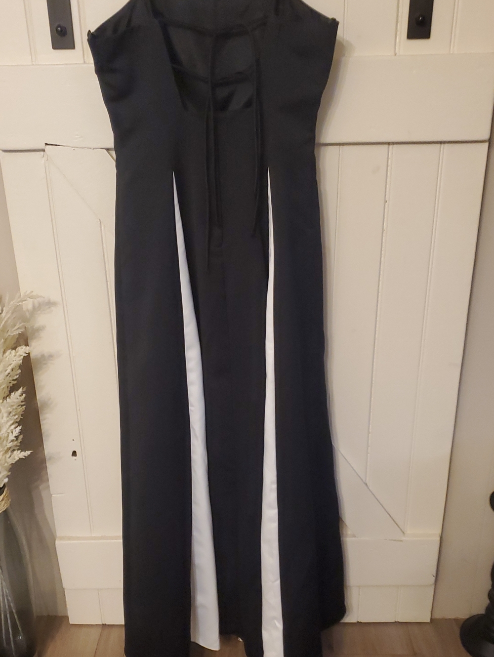 Black Satin Gown with White Panels both Front And Back.